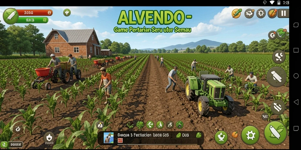 Screenshot gameplay <strong>ALVENDO</strong> menampilkan kebun hijau yang rimbun dan aktivitas bertani.