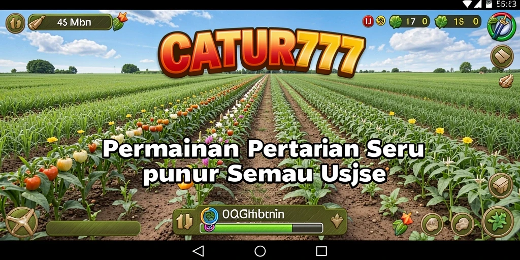 Screenshot dari gameplay <strong>CATUR777</strong> menampilkan ladang yang subur dan aktivitas pertanian.