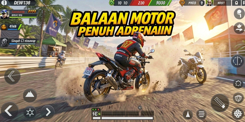 Tampilan gameplay memukau dari DEWI138 yang menampilkan aksi balapan motor.