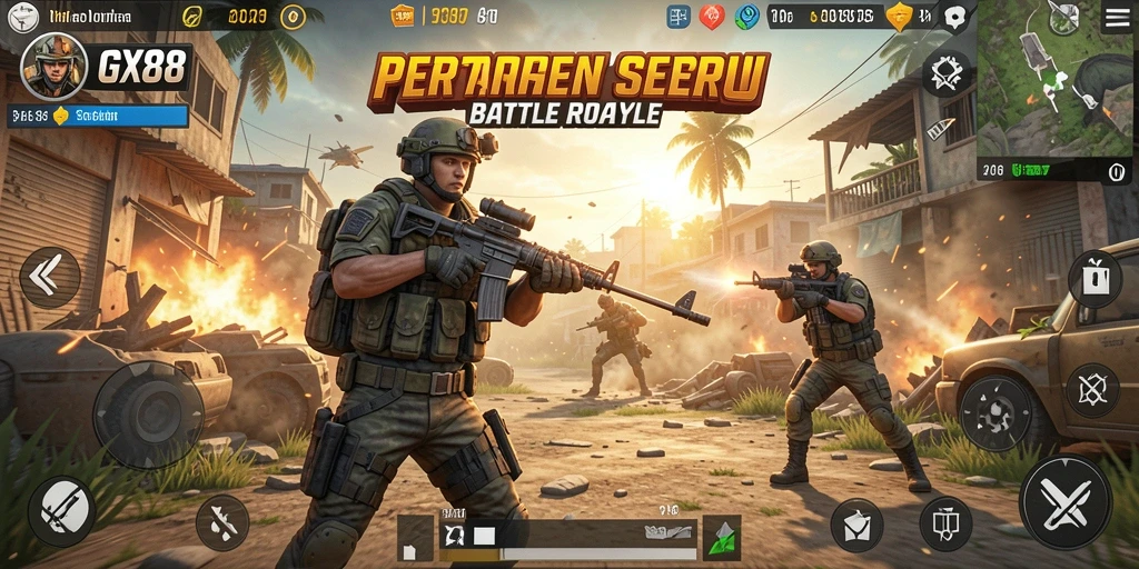Menampilkan pertarungan sengit dalam gameplay Battle Royale yang mendebarkan.