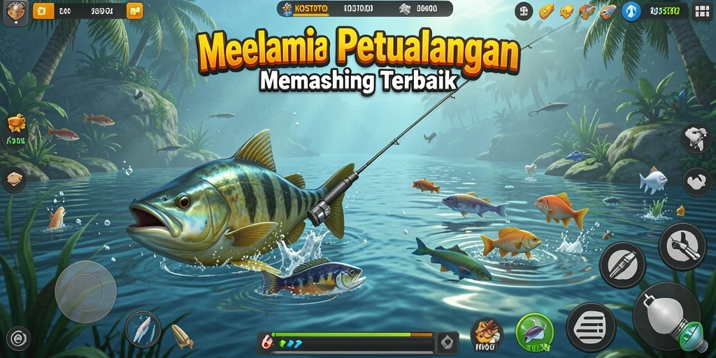 Tampilan gameplay KOSTOTO menampilkan serunya memancing di berbagai lokasi.