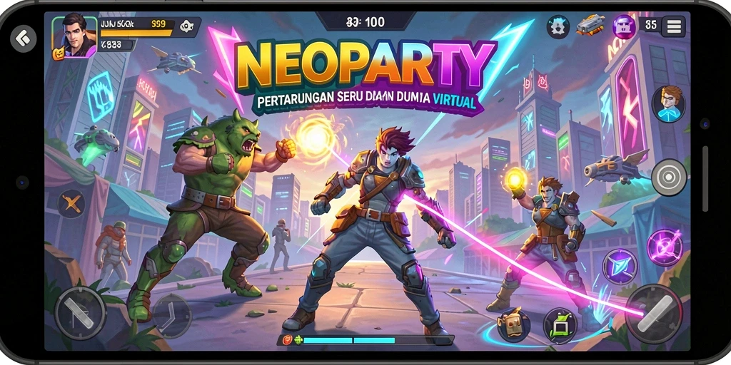 Tampilan gameplay seru NEOPARTY dengan pertarungan mendebarkan.