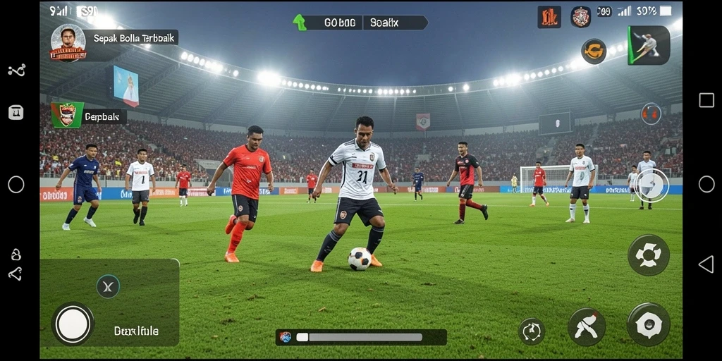 Screenshot gameplay yang menampilkan aksi seru di lapangan sepak bola.
