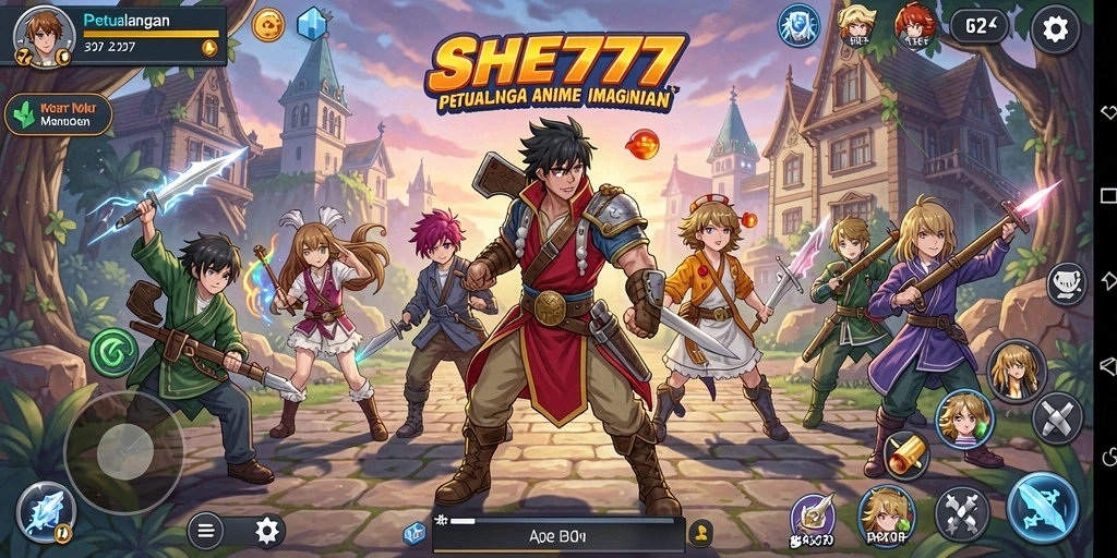 Tampilan gameplay SHE777 yang penuh aksi dan karakter anime yang colorful.