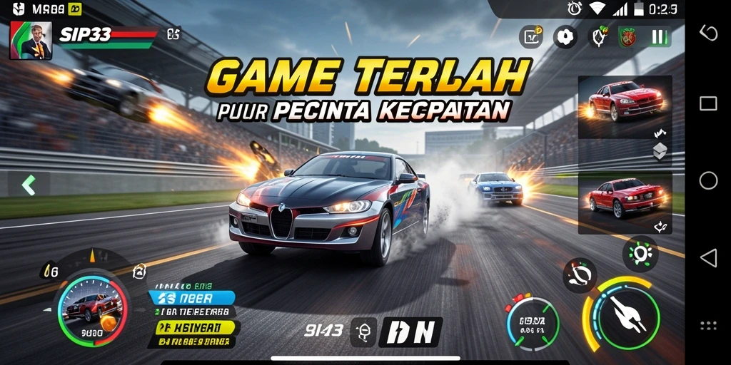 Screenshot gameplay SIP33 menampilkan balapan seru dan kendaraan berkecepatan tinggi.