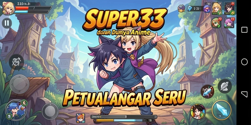 Gameplay SUPER33 menunjukkan karakter Anime yang berpetualang di dunia fantastis.